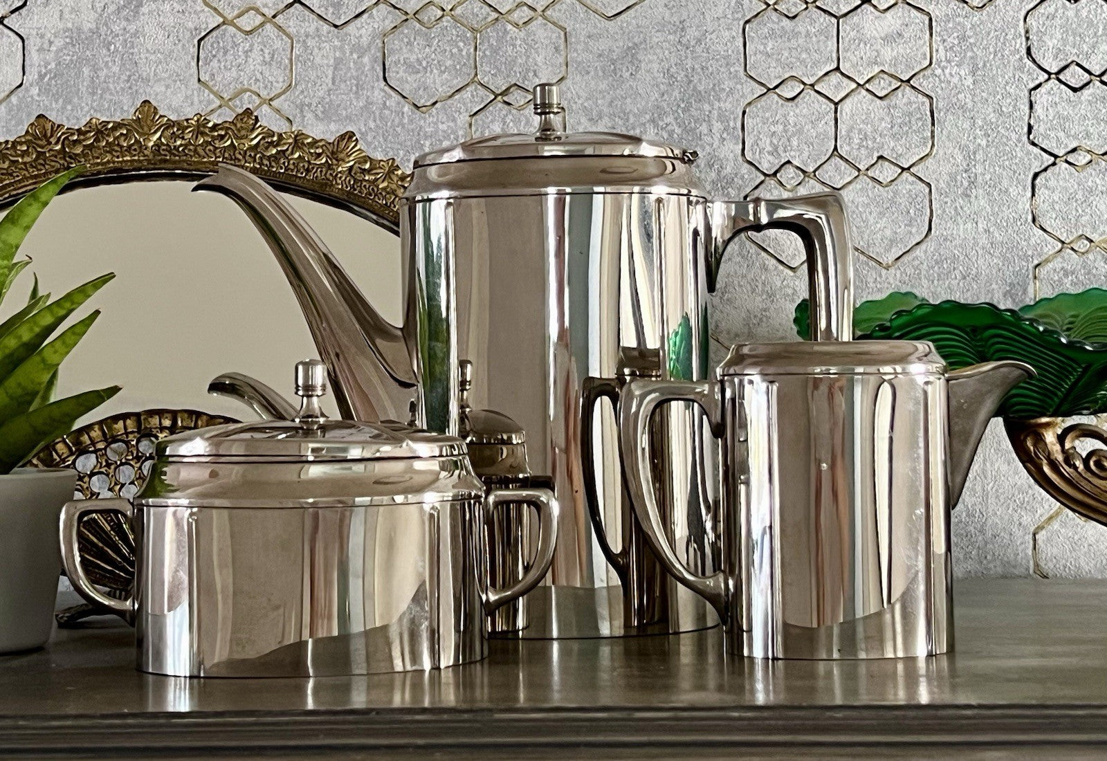 Antik Jugendstil Kaffee Kernstück Zuckerdose Rahmgießer Kanne vernickelt?
