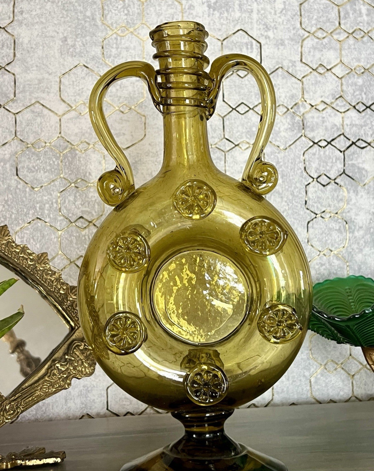 Antik Krug Karaffe Kanne Glas mundgeblasen Waldglas Nuppen FadenAuflagen ~1870