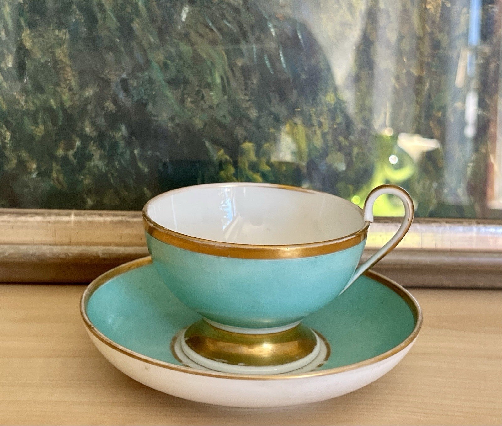 Antik Biedermeier Porzellan Kaffeegedeck Tasse Teetasse schön weiß türkis gold!