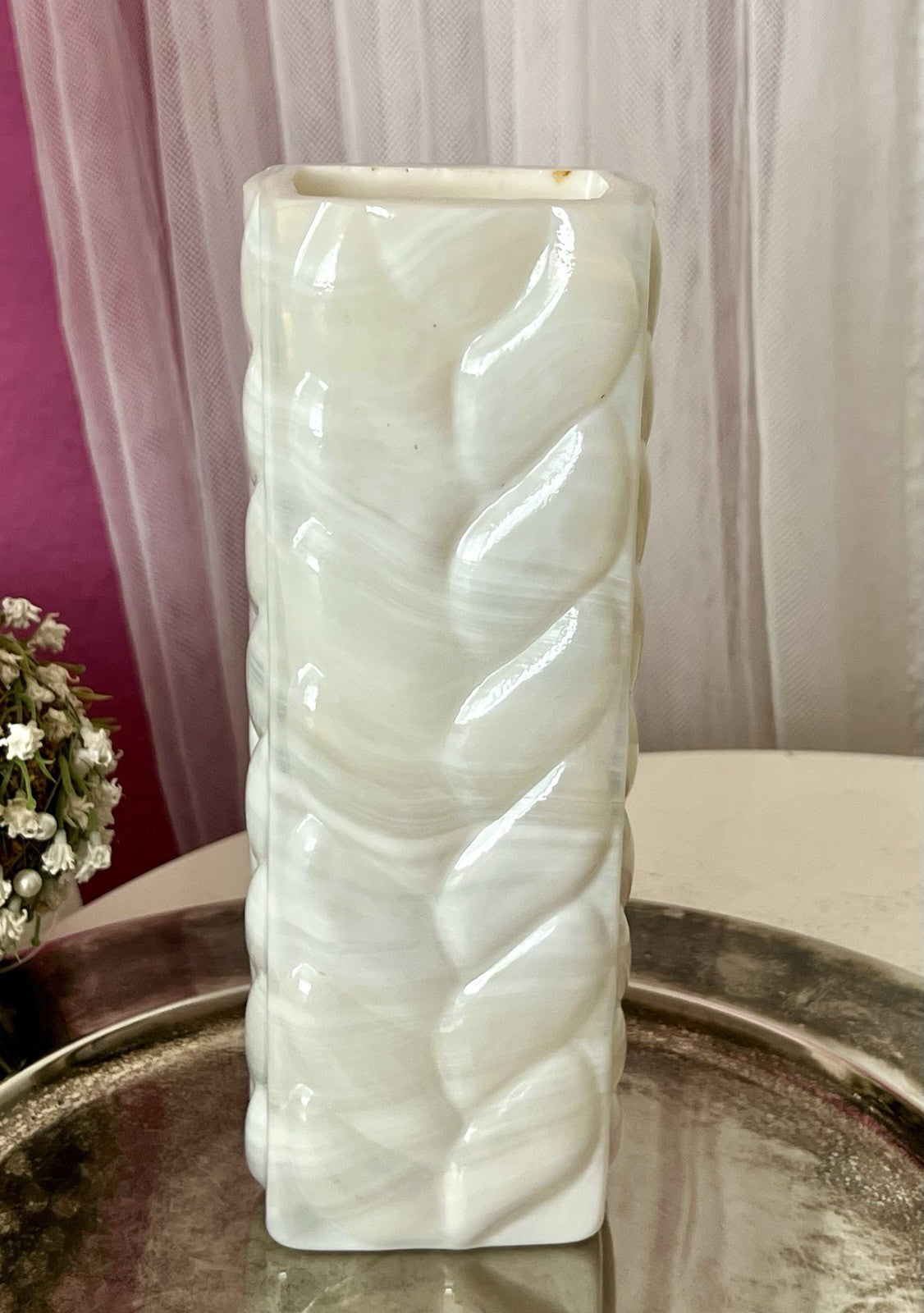 Vintage 60er Jahre MCM Glasvase Vase Glas Design Zopfmuster Blockvase weiß