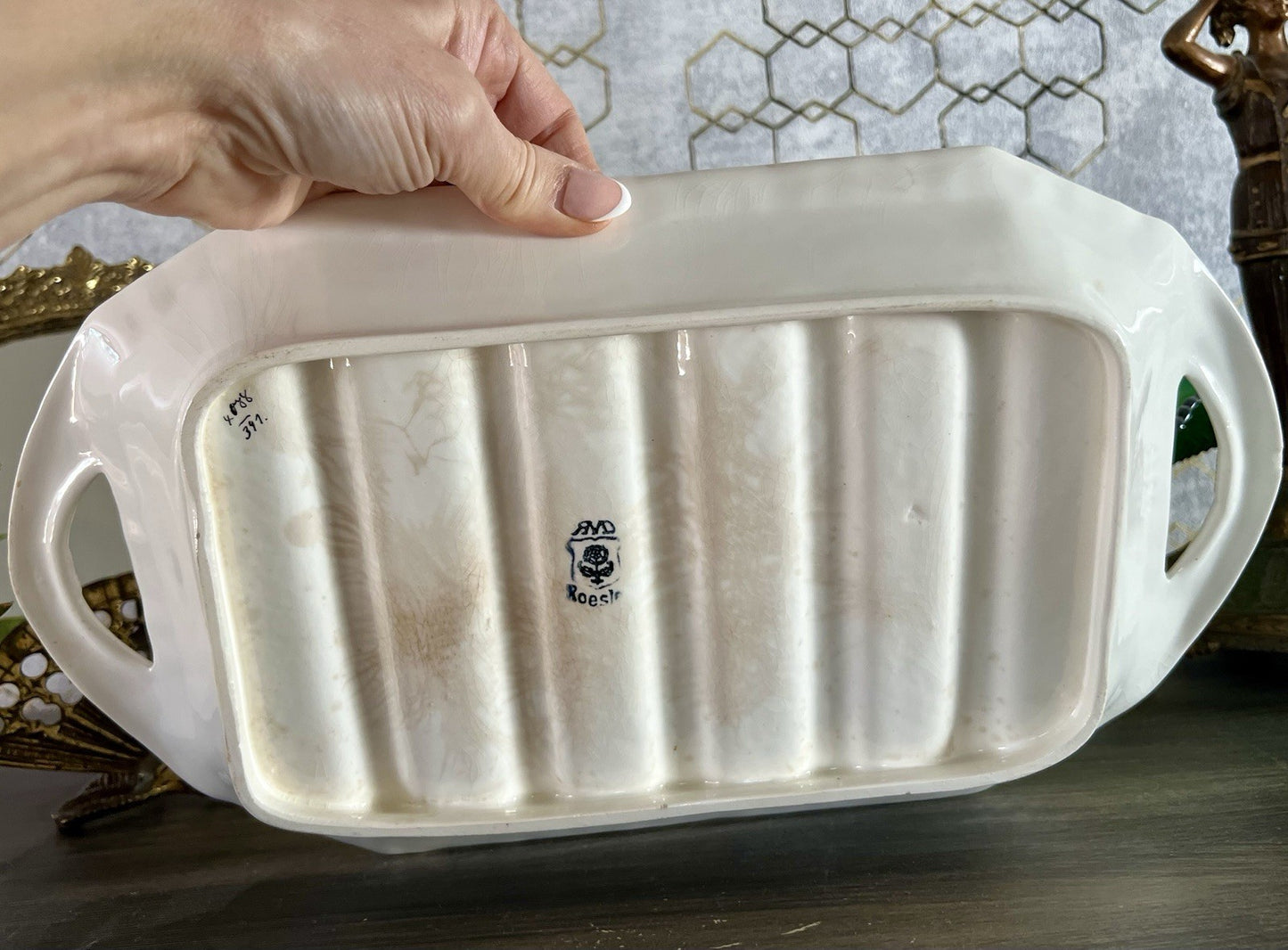 Antik Max Rösler Keramik Spargel Platte Schale  Creme weiß