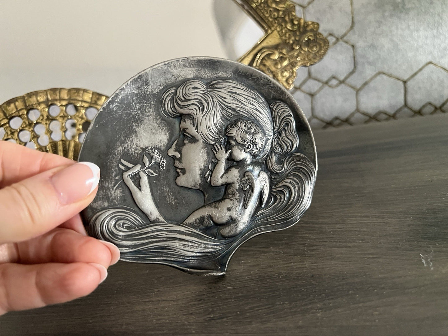Antik versilbert WMF Schale Schmuckschale Jugendstil ~1900 Motiv: Elfe mur Putto