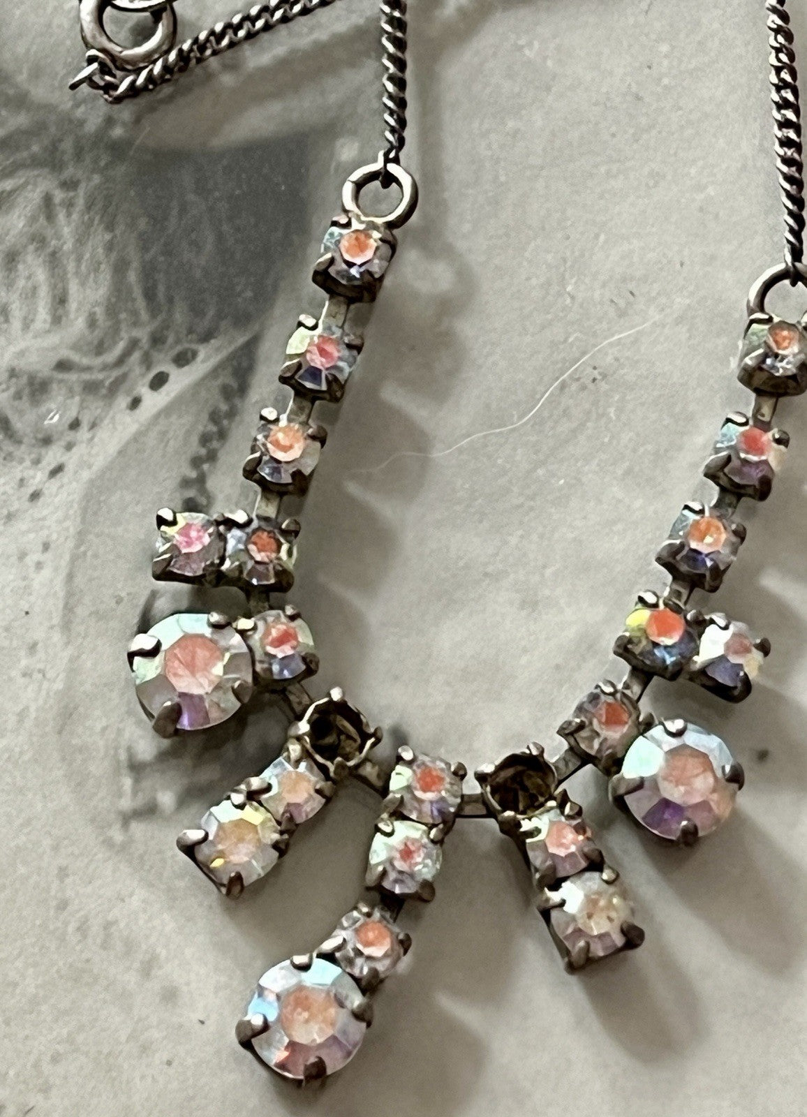 Vintage Antik? 835 Silber Collier Halskette Aurora Borealis? Steine
