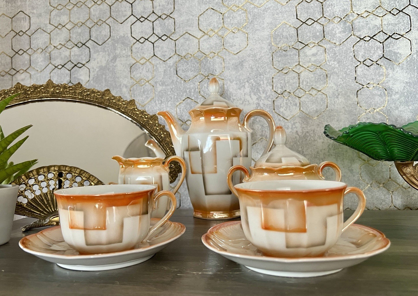 Antik Art Déco Porzellan Kaffeeservice Spritzdekor Bauhaus Teté a Téte 2 Pers.