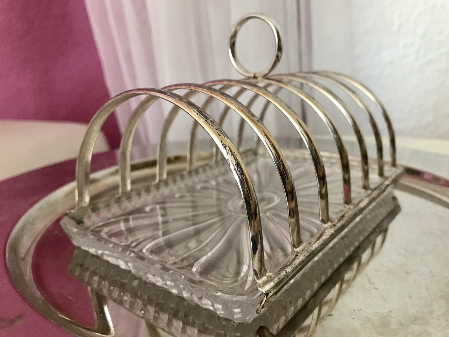 Vintage Toastbrot Ständer Halter versilbert Glaseinsatz Kristallglas 60er Jahre