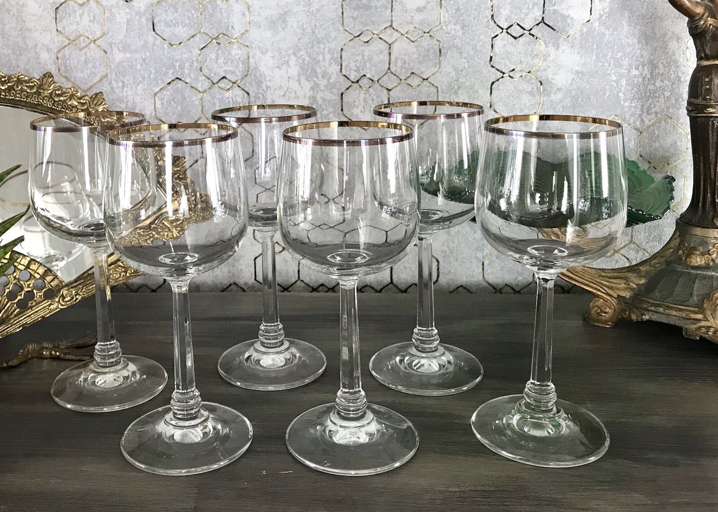 Art Déco Stil 6 Gläser Weingläser Rotweingläser Glas Goldrand Lausitzer