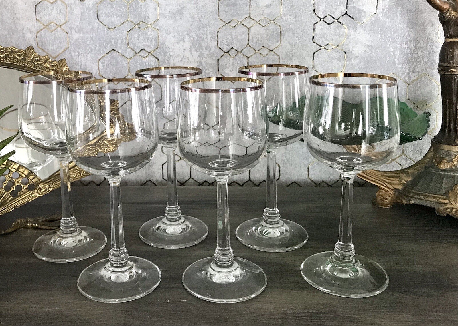 Art Déco Stil 6 Gläser Weingläser Rotweingläser Glas Goldrand Lausitzer
