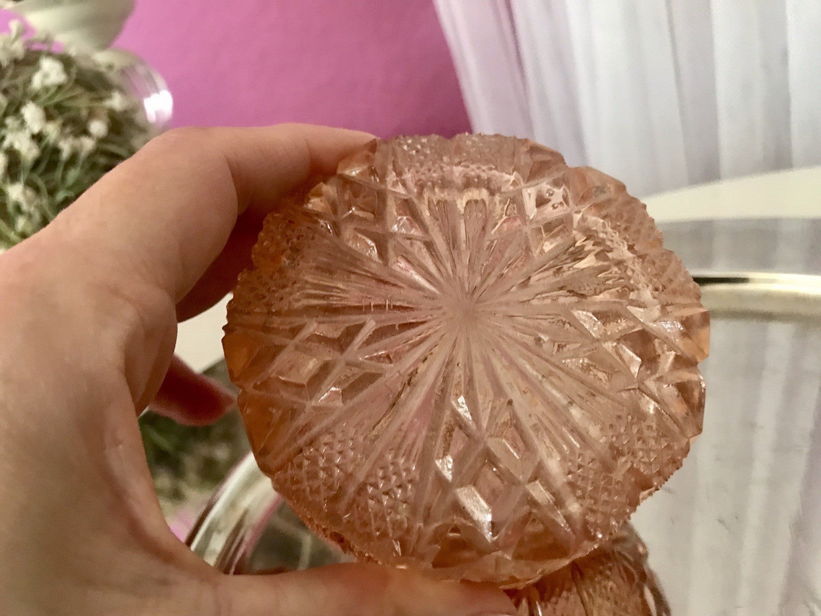 Antik Art Déco Dose Deckeldose Zierdose Pressglas Rosalin rosa Glas
