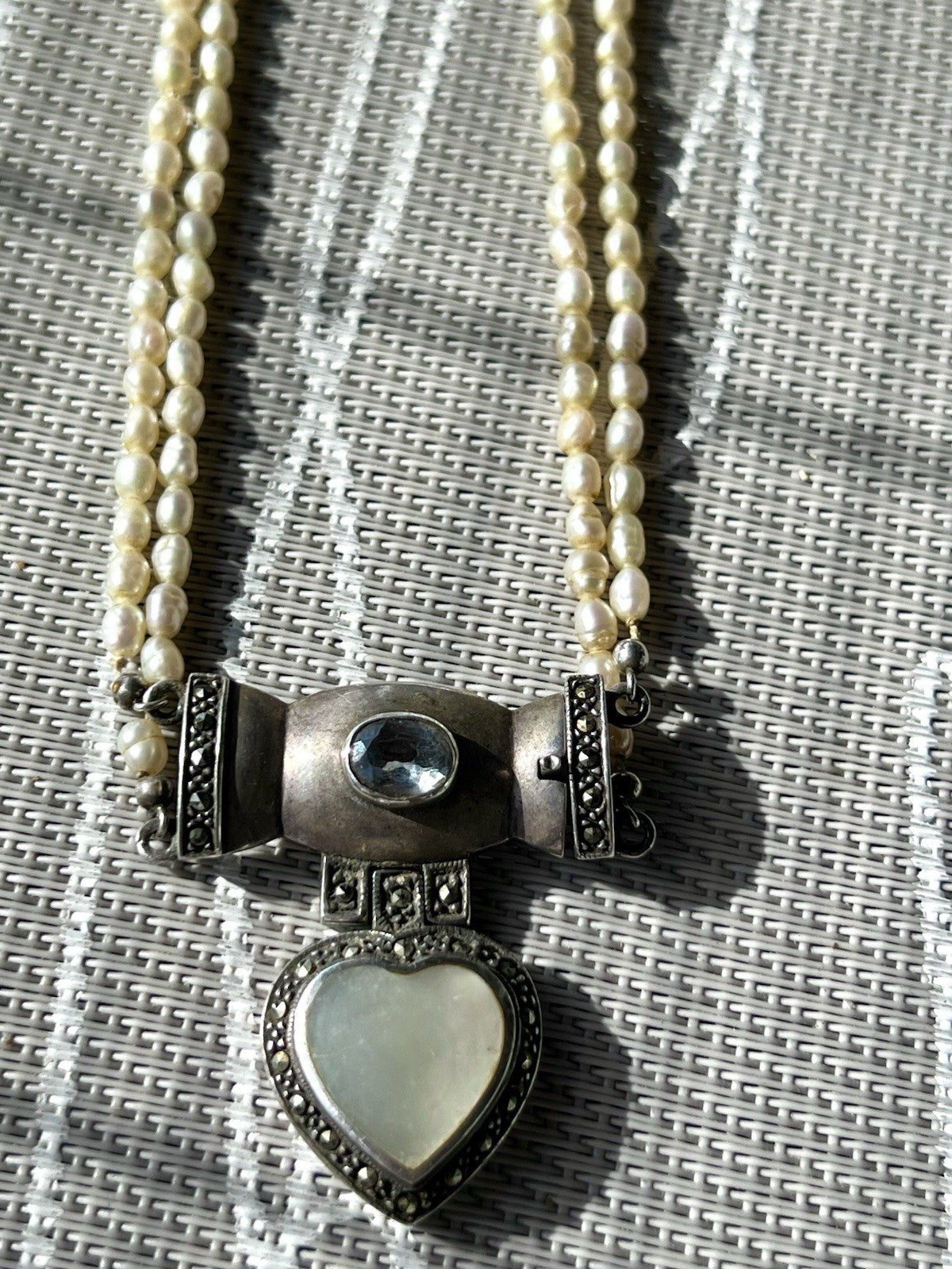 Antik  Jugendstil Silber Collier Perlen Halskette Herz Markasite blauer Stein