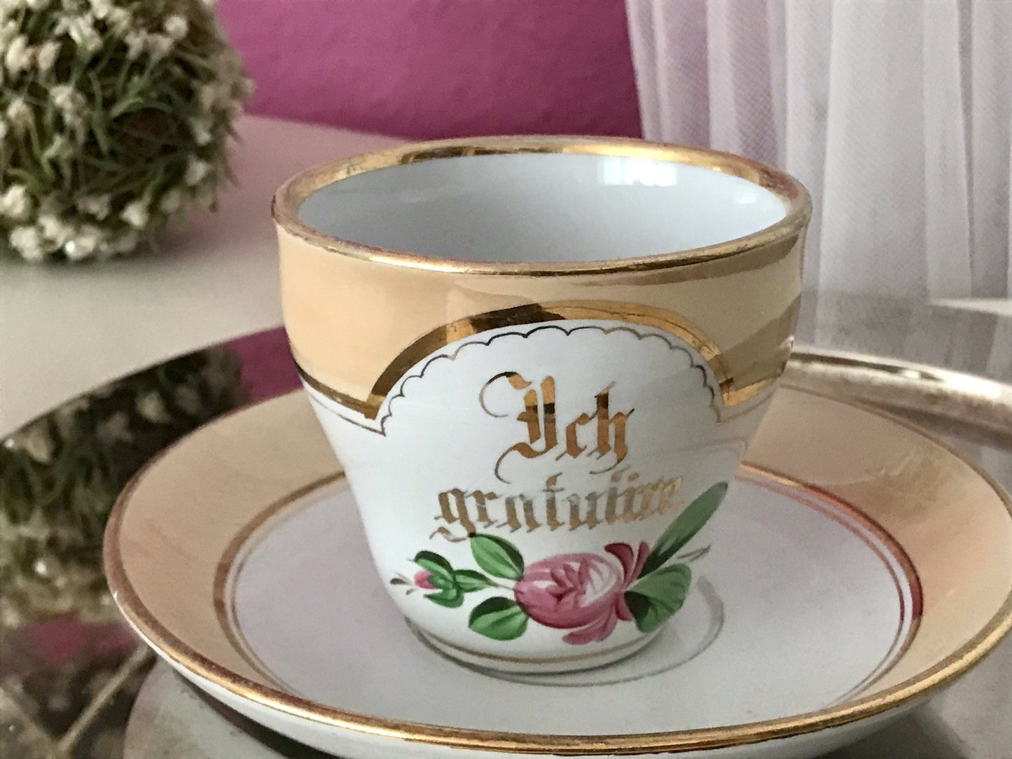 Antik Keramik ? Porzellan? Andenken Gedeck Sammeltasse Tasse „Ich gratulire“