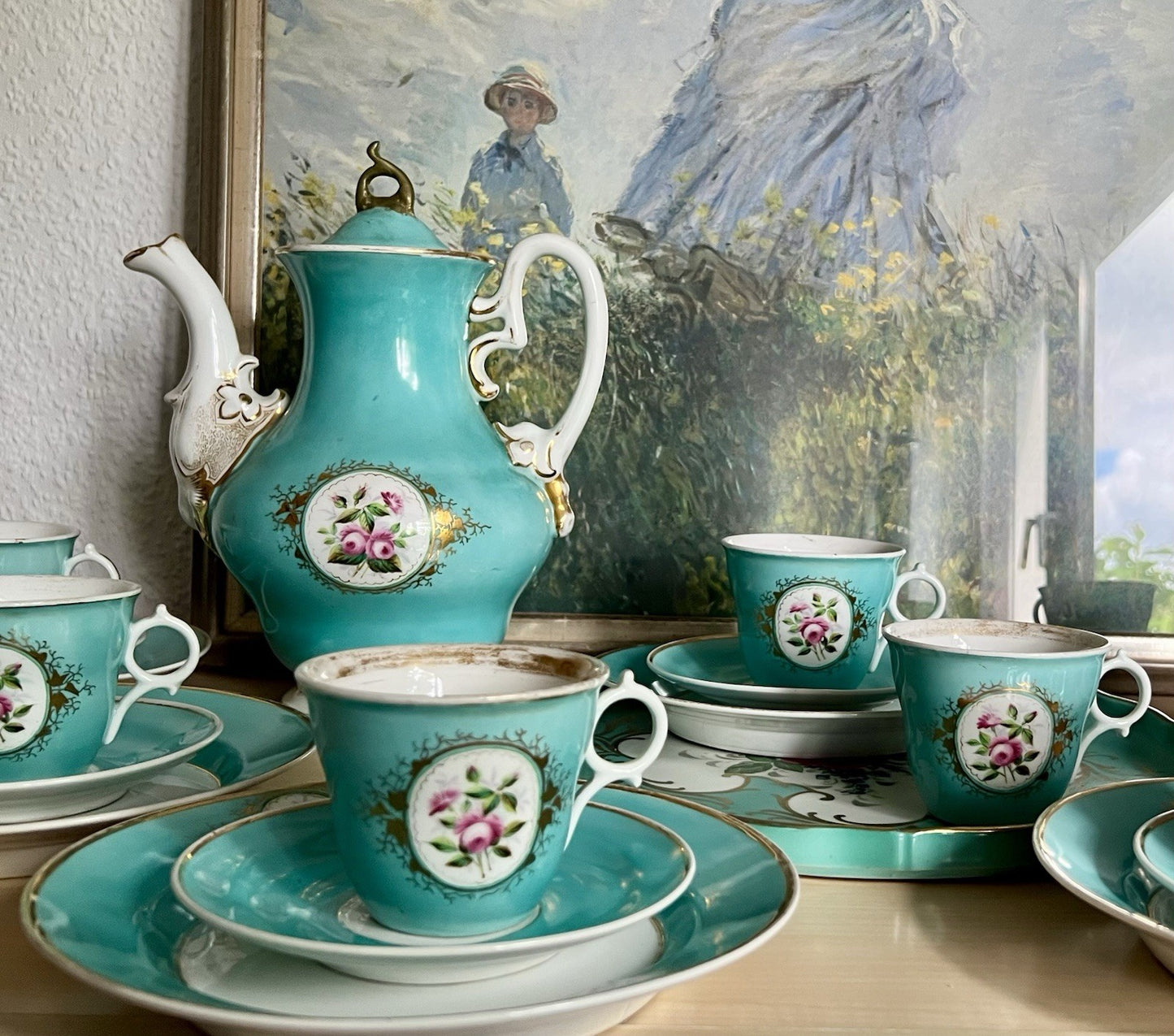 Antik 1870-1900 Porzellan Kaffeeservice 6 Pers. Carl Tielsch Altwasser türkis
