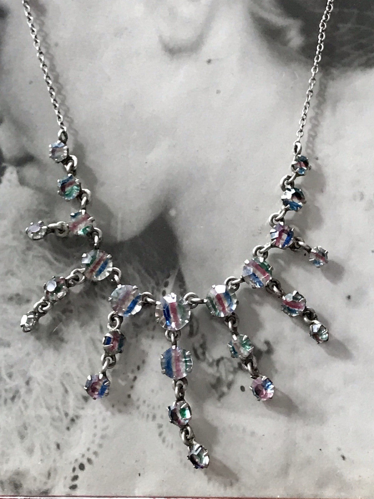 Antik Edel Art Déco 925 Silber Collier Halskette Rheinkiesel