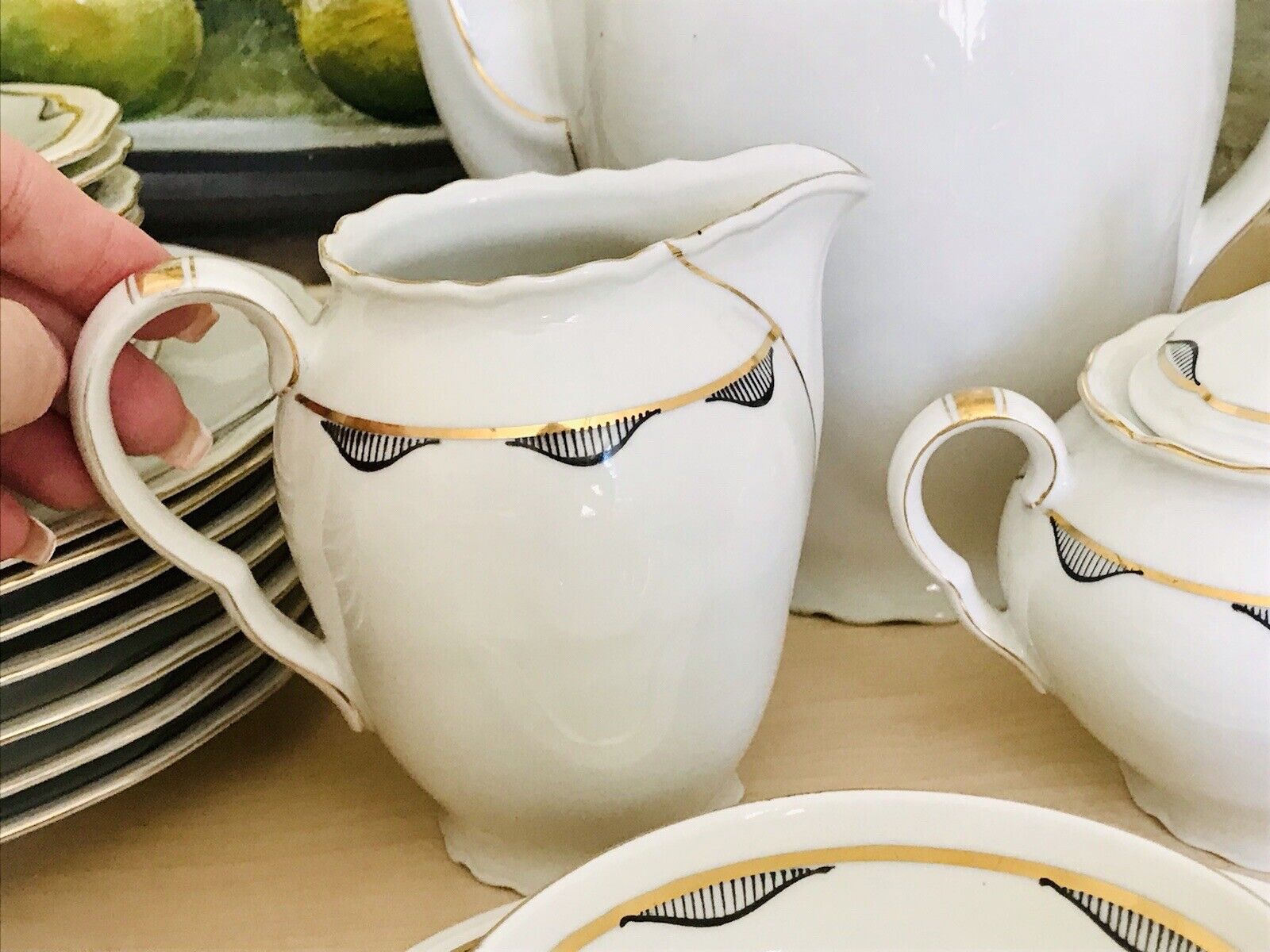 Antik Art Déco Porzellan Kaffeeservice 10 Pers. ivory schwarz gold