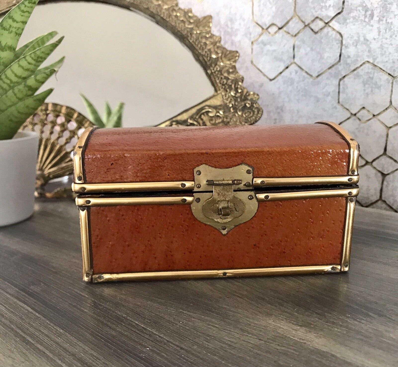 Vintage Schatulle Schmuckdose Dose Kästchen Leder bezogen Cognac
