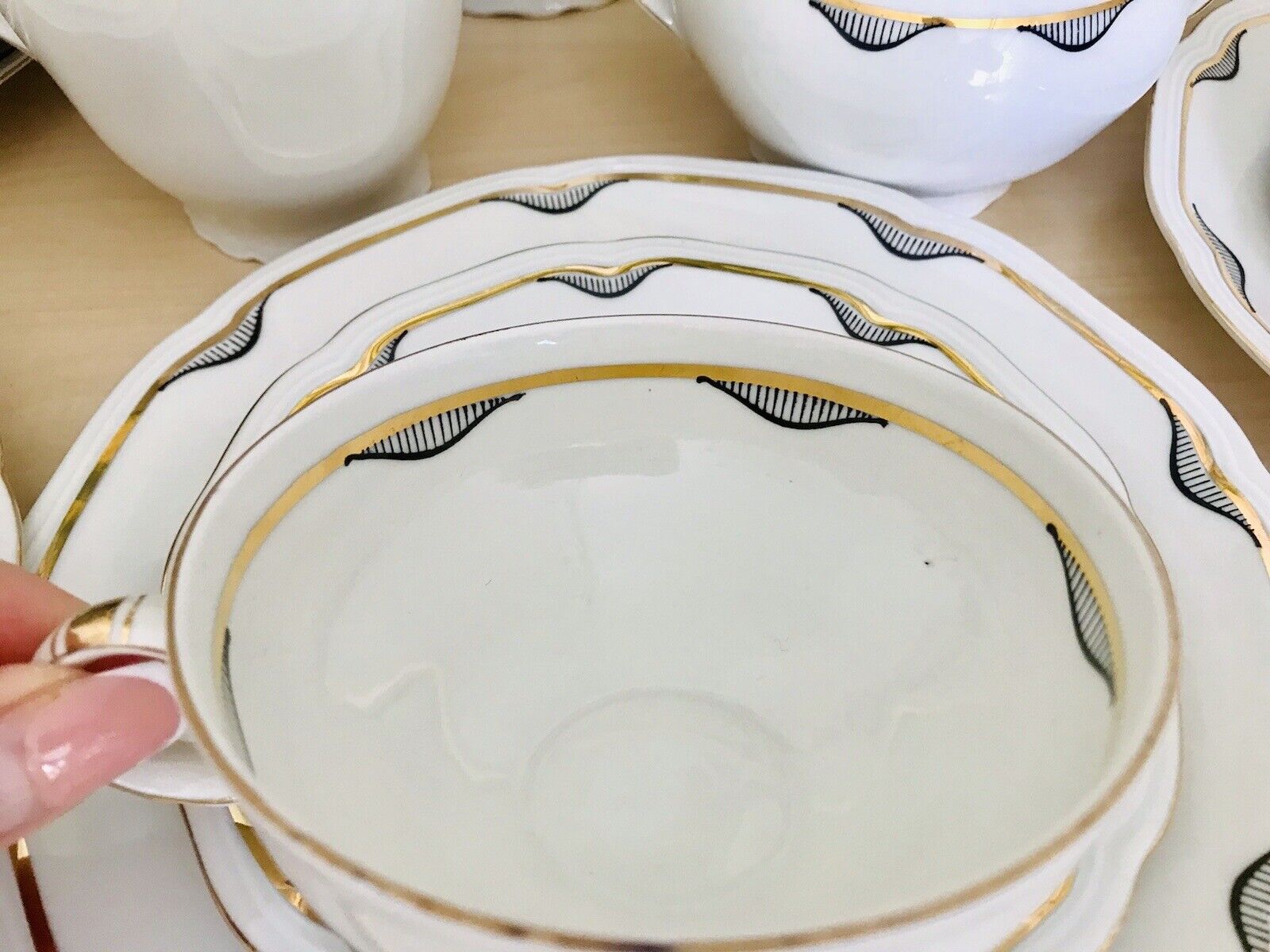 Antik Art Déco Porzellan Kaffeeservice 10 Pers. ivory schwarz gold