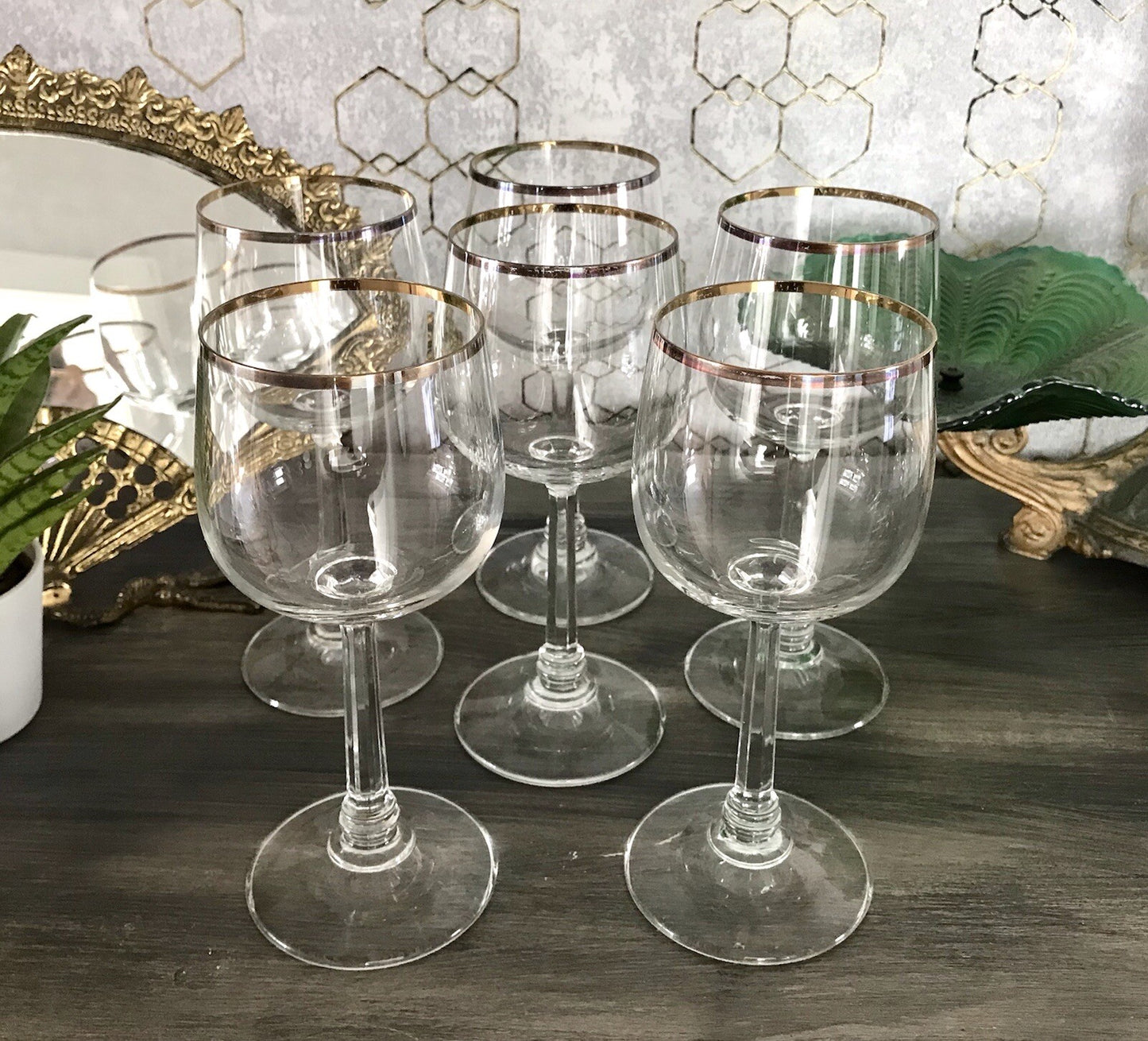 Art Déco Stil 6 Gläser Weingläser Rotweingläser Glas Goldrand Lausitzer