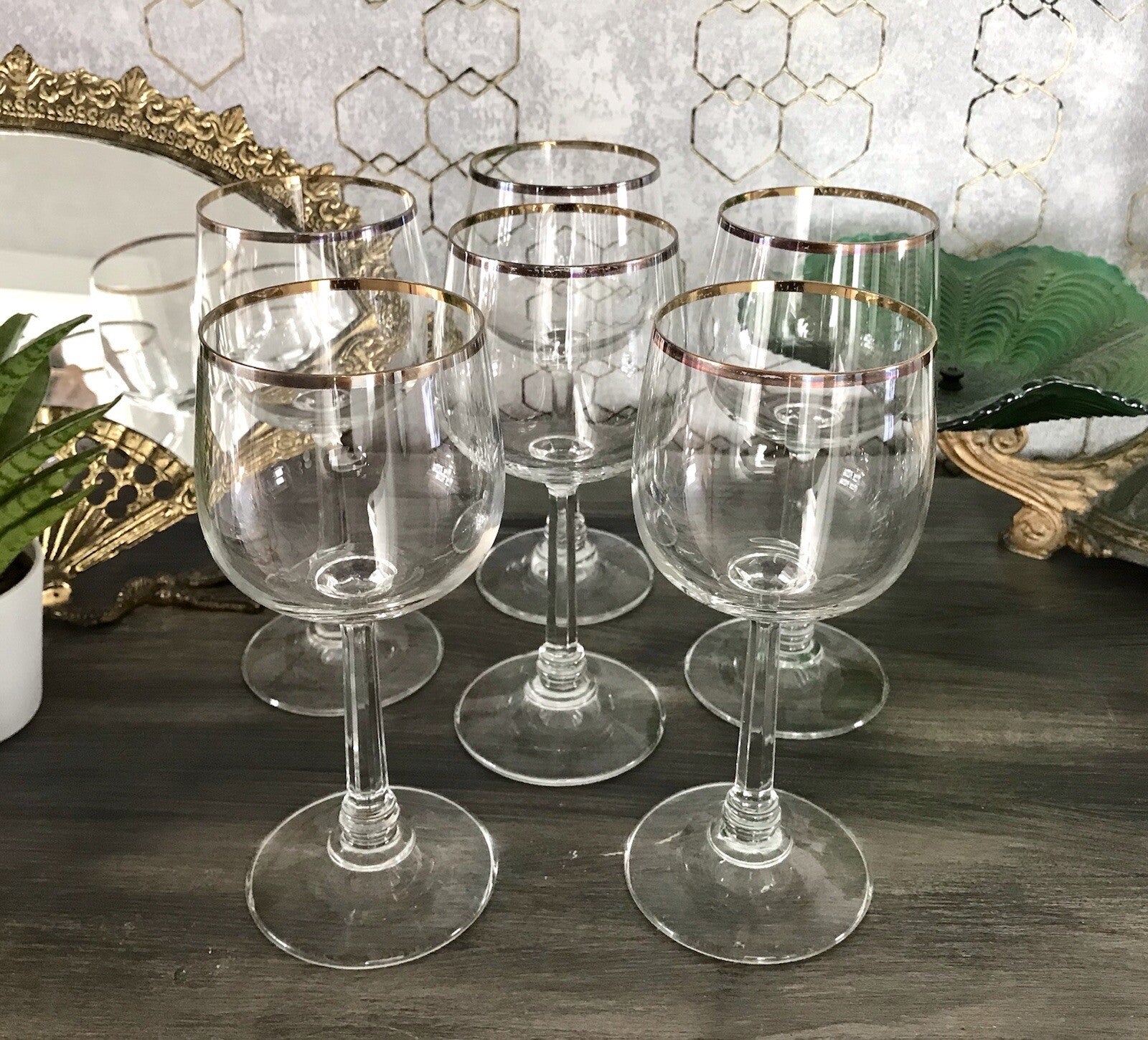 Art Déco Stil 6 Gläser Weingläser Rotweingläser Glas Goldrand Lausitzer
