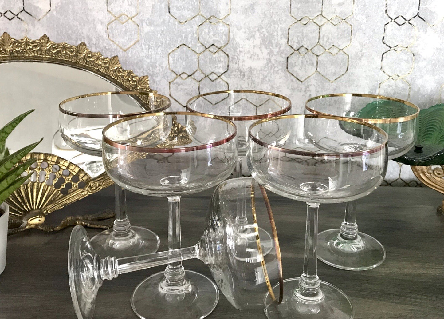 Antik? Art Déco 6 x Champagnerschalen Sekt Gläser Goldrand Lausitzer? Crystal