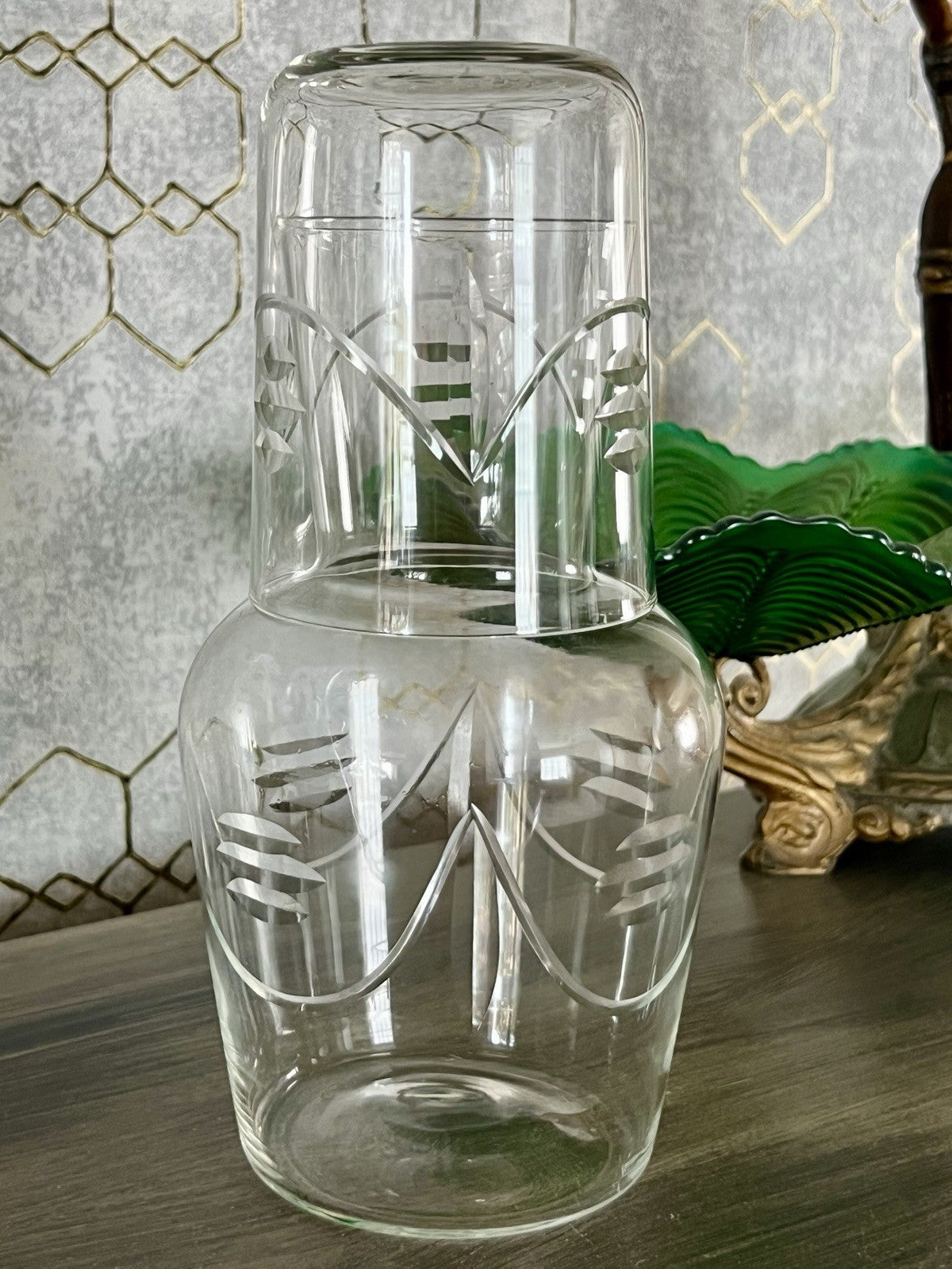 Antik Art Deco Sturzflasche Karaffe Dekanter & Becher Glas geschliffen