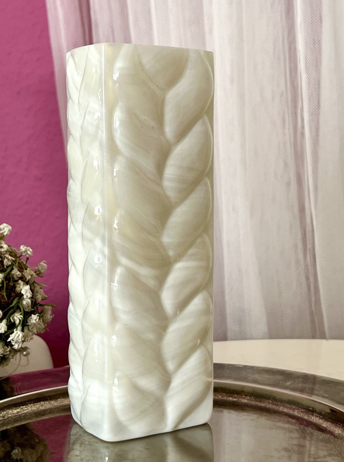 Vintage 60er Jahre MCM Glasvase Vase Glas Design Zopfmuster Blockvase weiß