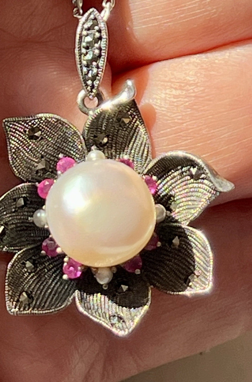 GROß rund Kettenanhänger Anhänger 925 Silber Perle Rubine Markasite Orchidee