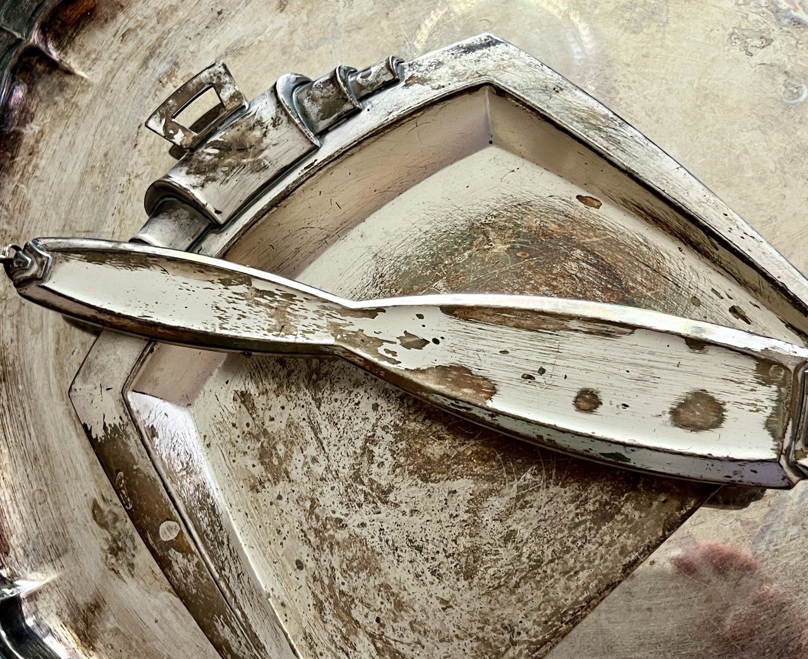Antik Art Deco Tisch Kehrset Kehrgarnitur Krümmelkehrer versilbert Bauhaus