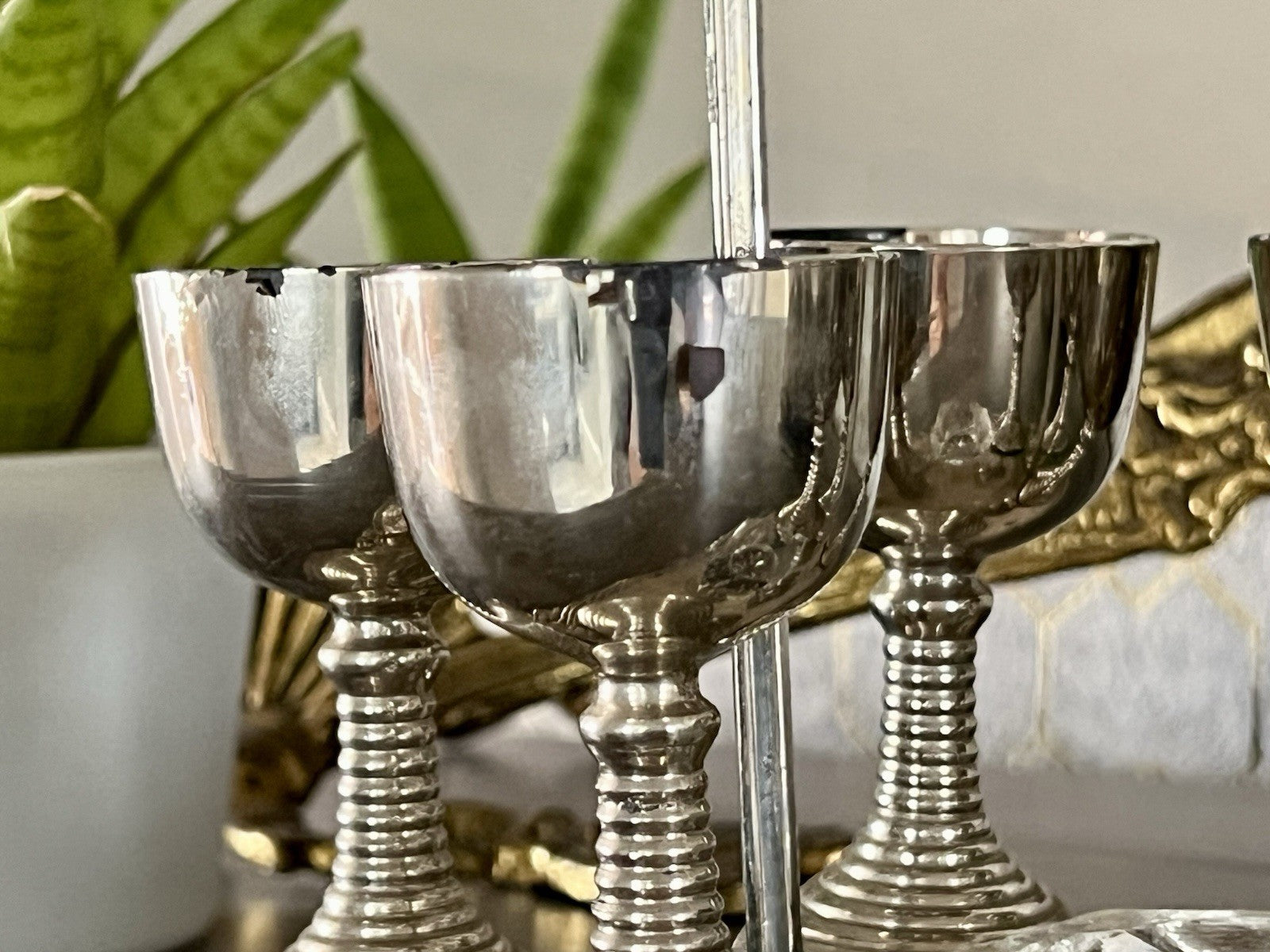 Antik Menage Eiermenage Frühstück Metallmontur Glaseinsatz 6 Eierbecher