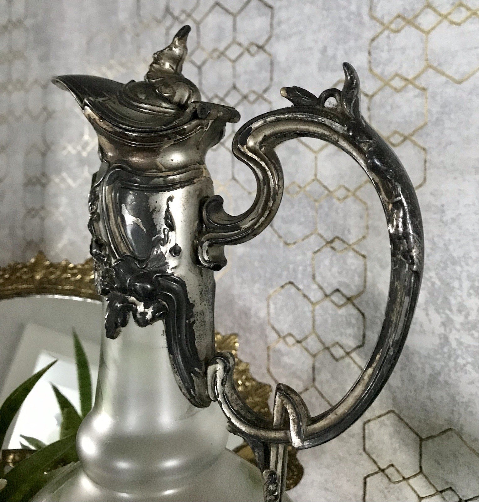 Antik Legras Karaffe Dekanter Schankkrug Glas versilbert Montur bemalt