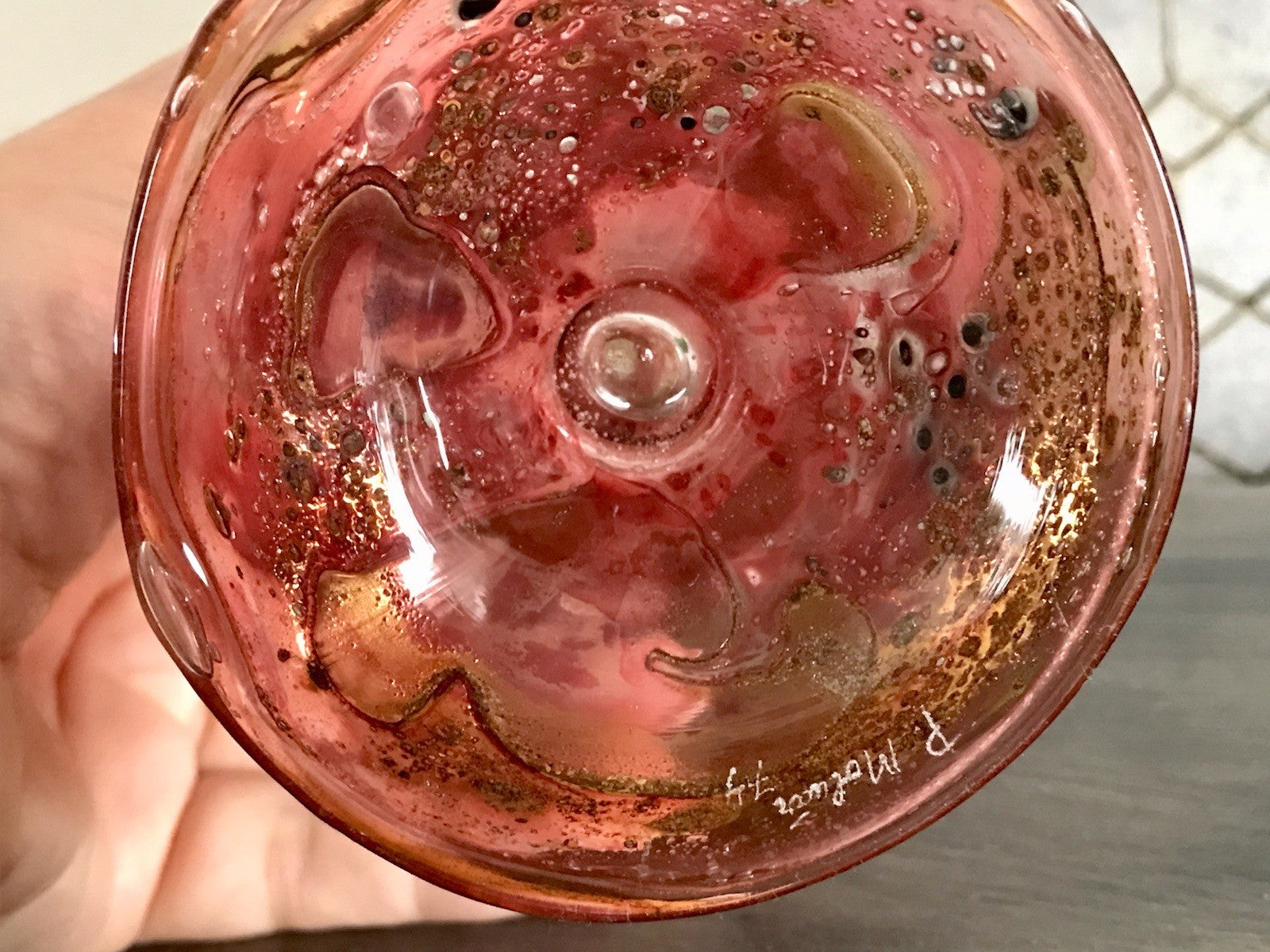 Vintage Pavel Molnār Glas Glaskunst Glasvase rot Faden Aufschmelzungen signiert