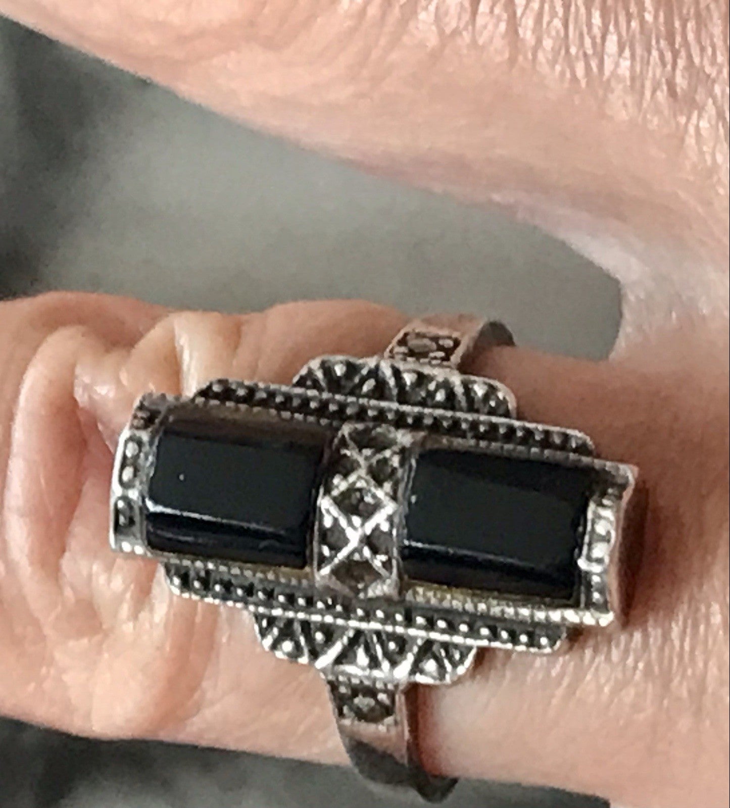 Antik Art Déco Damen Schiffchen Ring Onyx 925 Silber Gr.56 Markasite 18,1