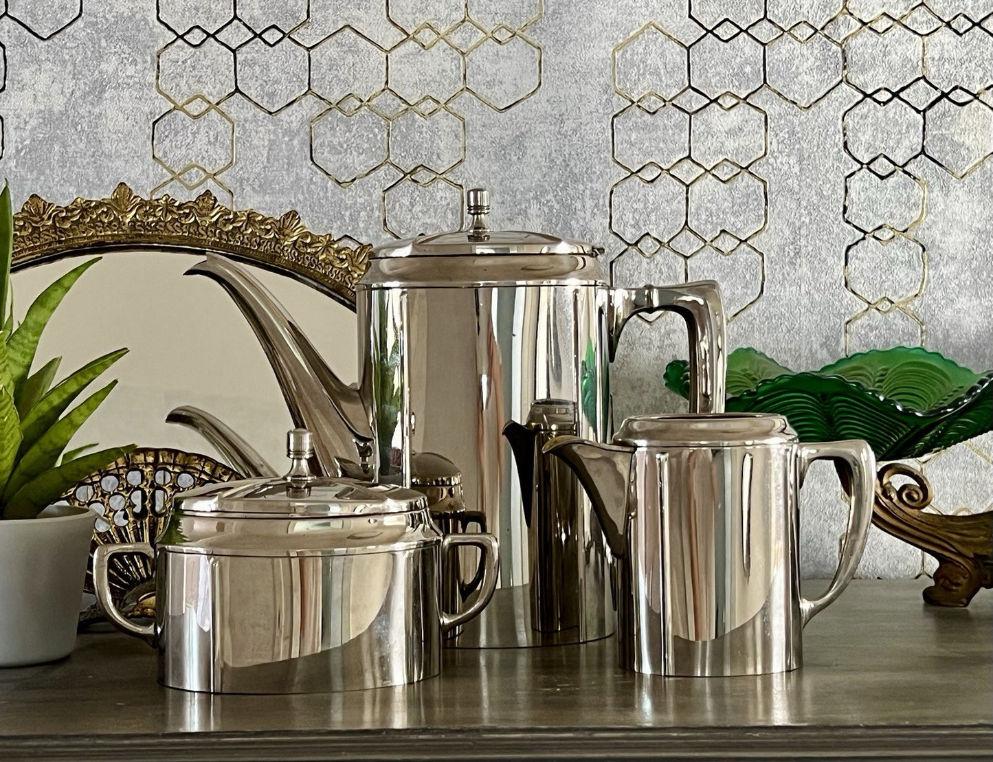 Antik Jugendstil Kaffee Kernstück Zuckerdose Rahmgießer Kanne vernickelt?