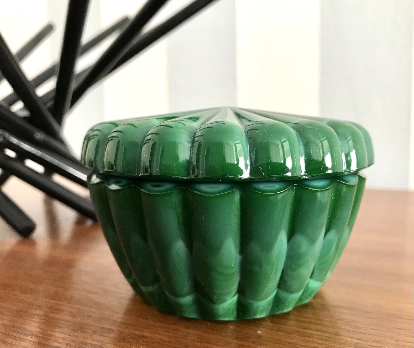 Antik Art Déco Glas Glasdose Deckeldose Glas Malachitglas Böhmen