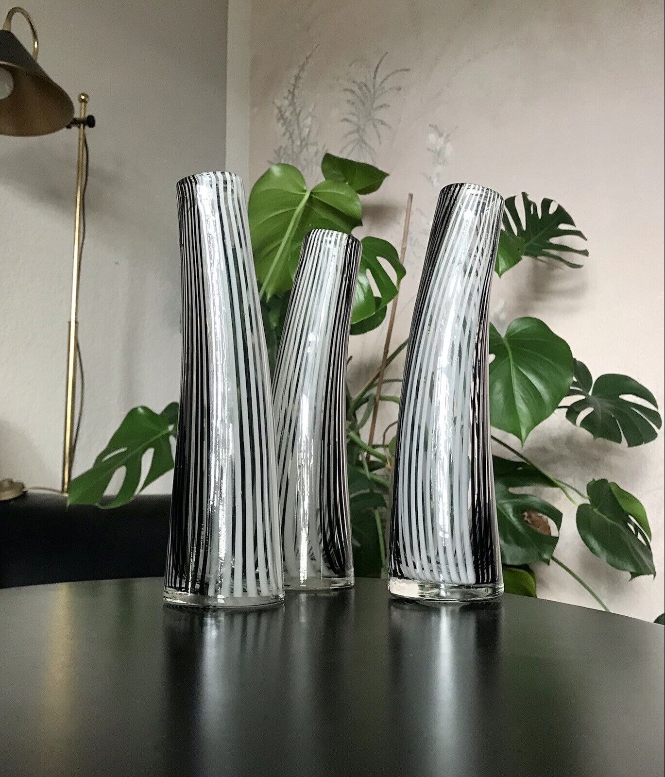 Vintage 3x Dino Martens Vase Glasvase Bianca Nero Streifen Glaskunst Murano