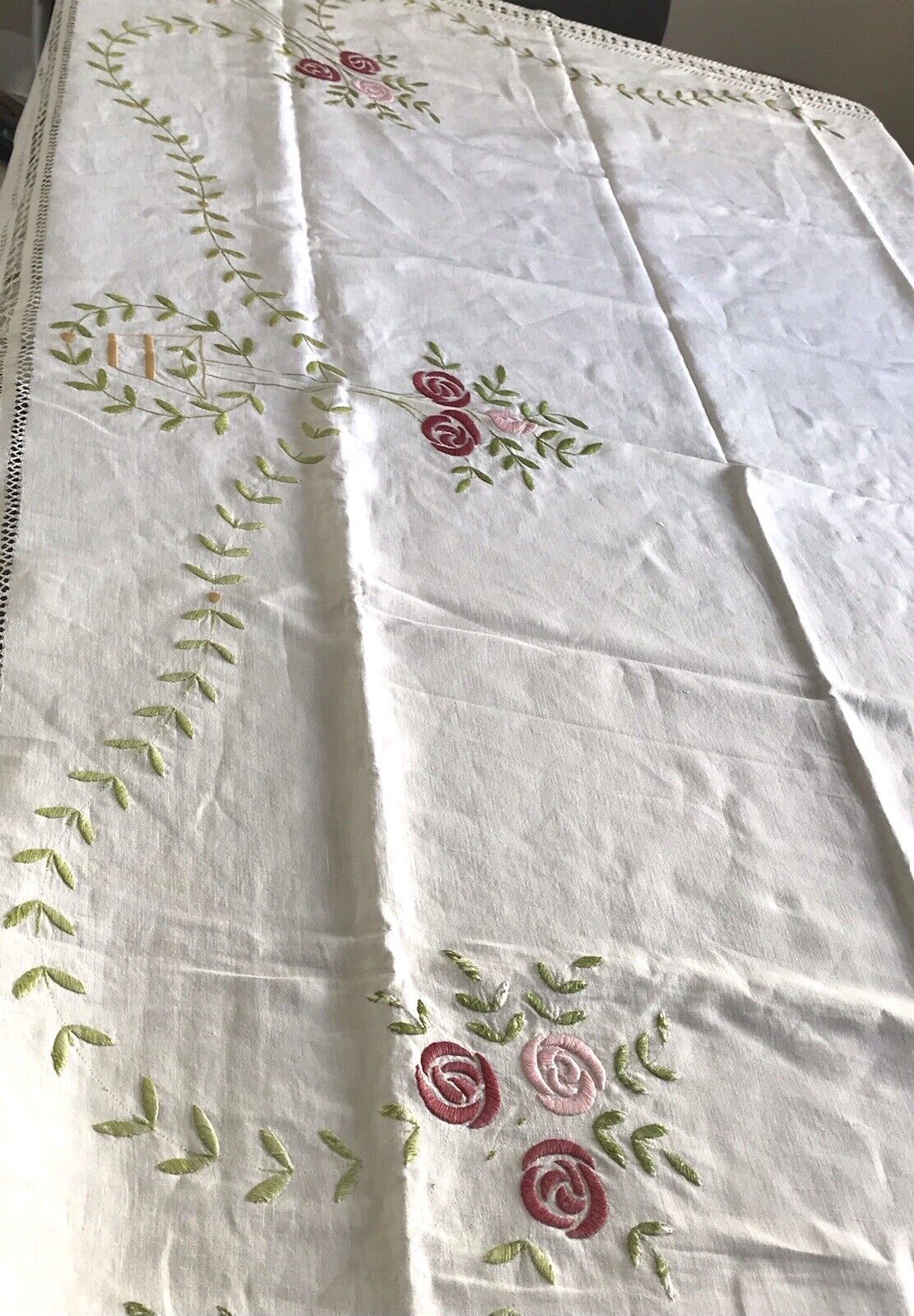 Antik Leinen Jugendstil Tischdecke natur bunt Rosen Stickerei 136 cm x 205 cm