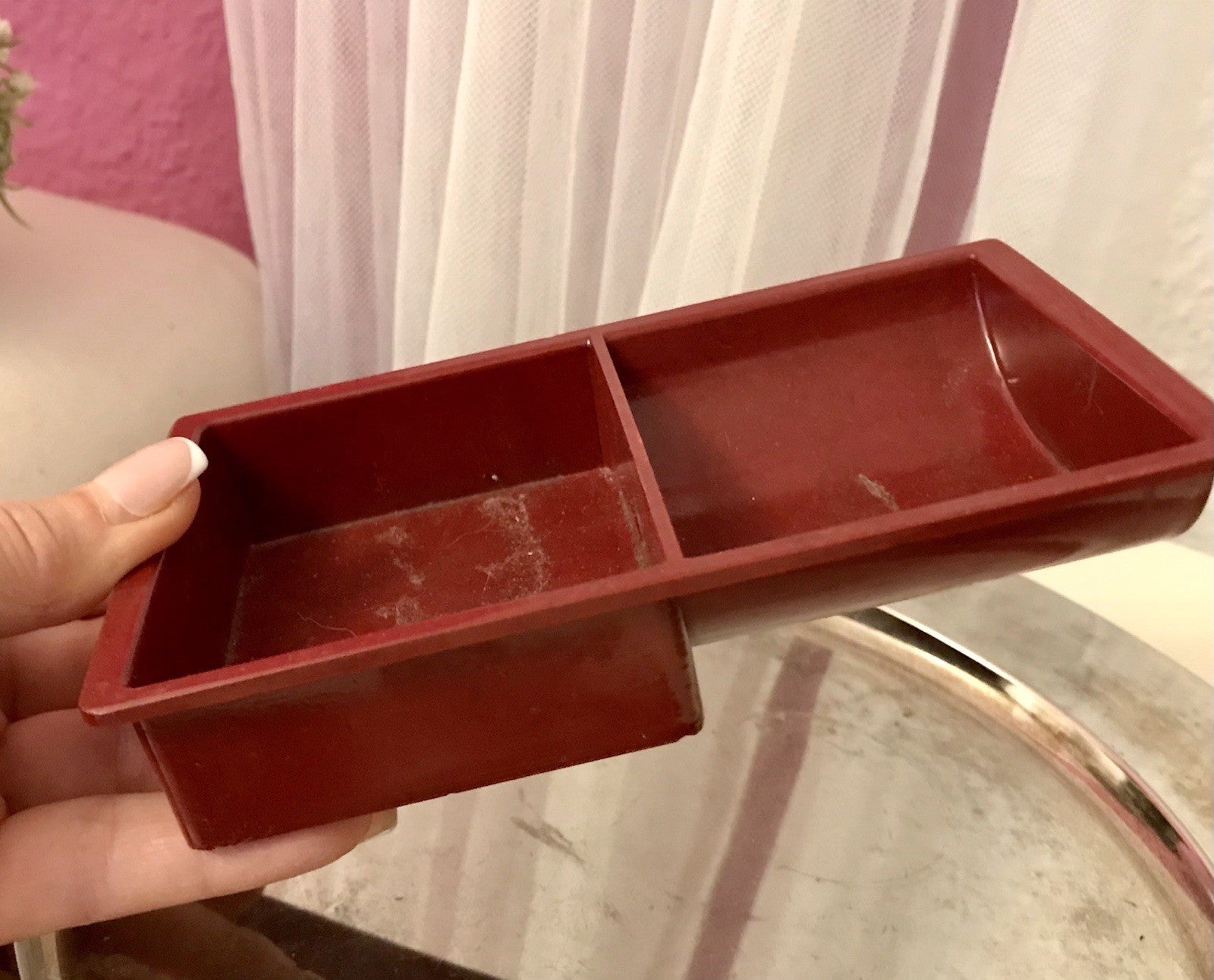 Antik alt Bakelit Münzablage?  Münzfach? Stempelbox Box weinrot Vintage
