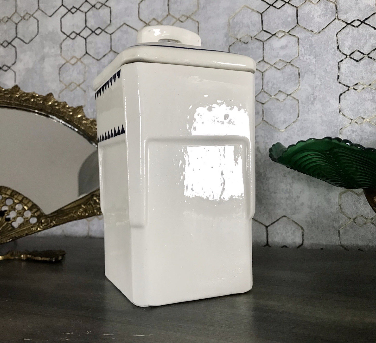 Antik Jugendstil Vorratsgefäß Nudeln Gefäß Vorratsdose weiß Porzellan creme blau