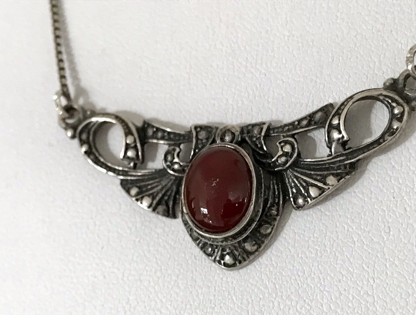 Antik Jugendstil Art Déco 925 Silber Collier Halskette Karneol Granulierungen