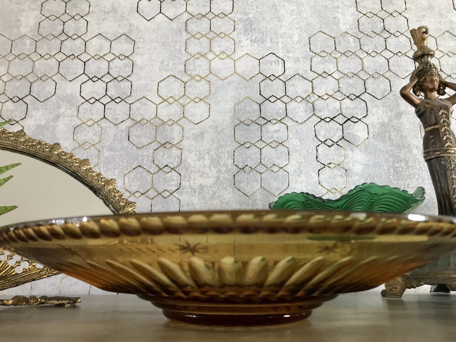 Antik Art Déco Edel Designer Kristallglas Schale Glasschale Bernstein Farbe Gelb