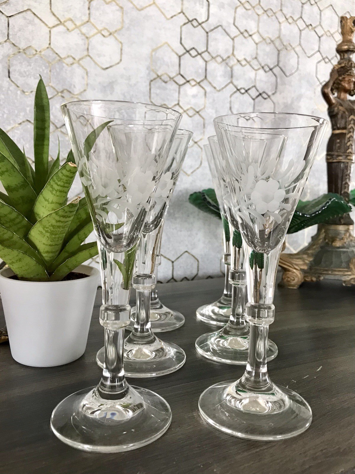 Antik Alt 6 Cherrygläser Gläser Kristallglas graviert