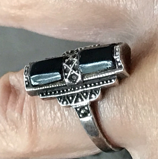 Antik Art Déco Damen Schiffchen Ring Onyx 925 Silber Gr.56 Markasite 18,1