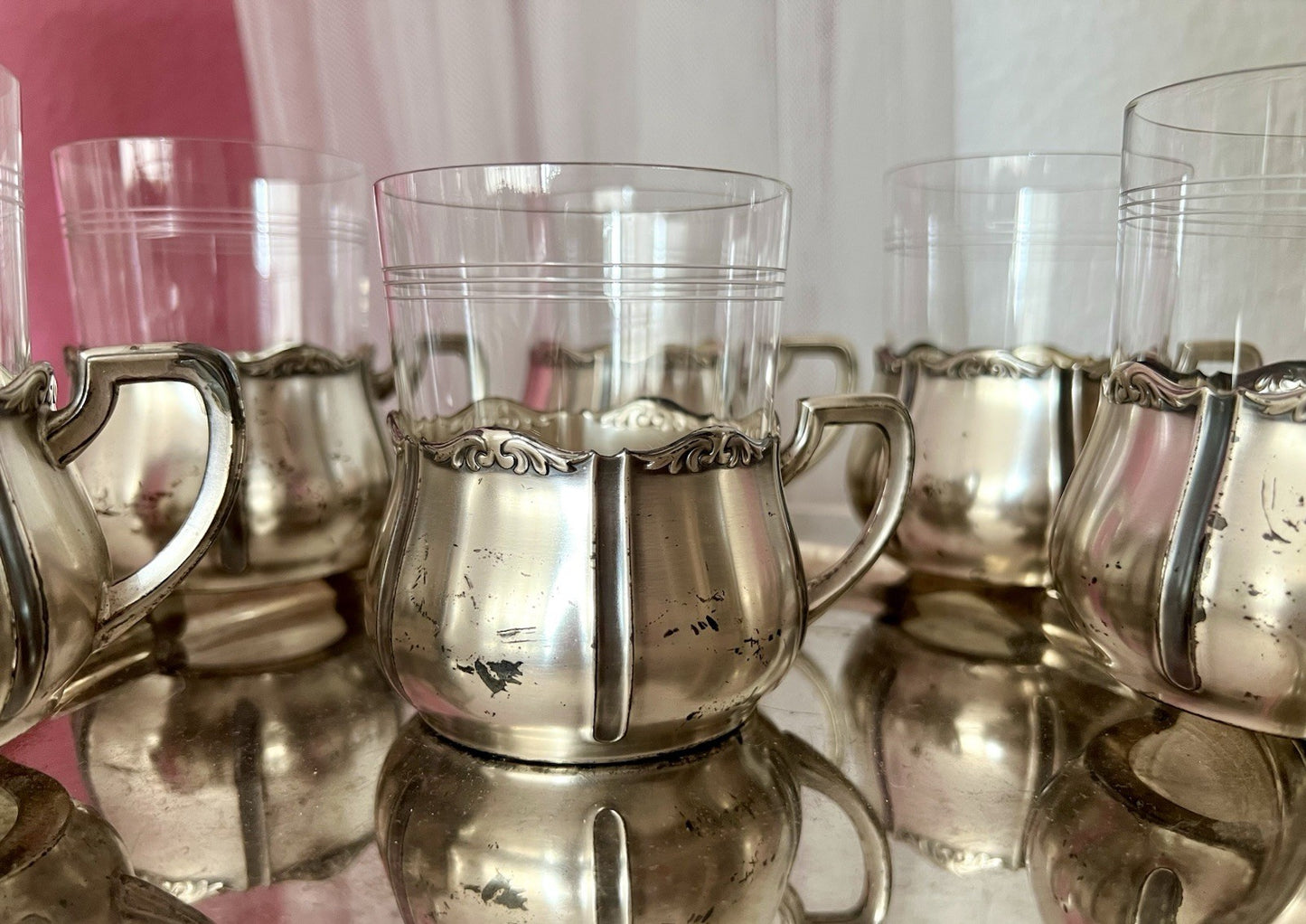 Antik WMF 6 Teeglashalter &6 Glaseinsätze Versilbert Art Déco  3x Straußenmarke
