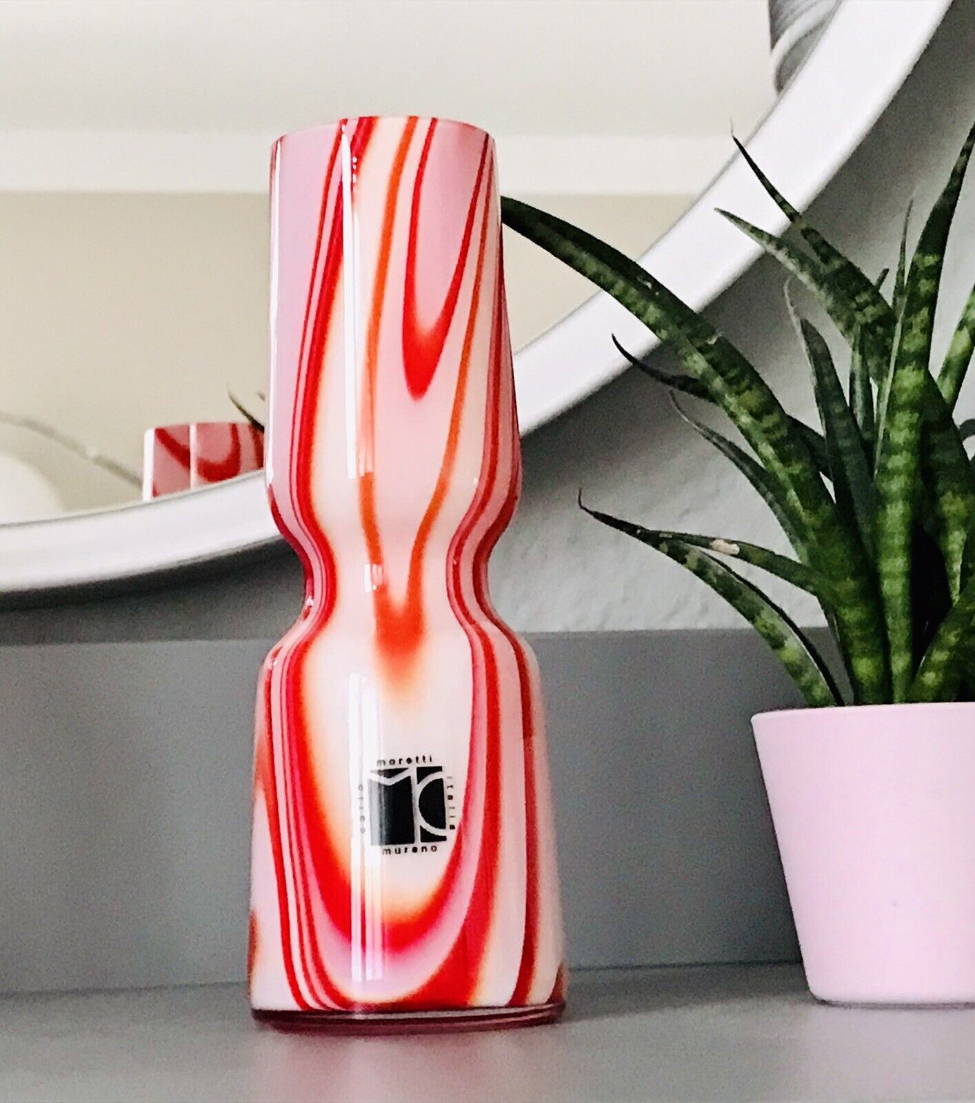 Carlo Moretti Vintage  Vase Murano Glasvase rot weiß