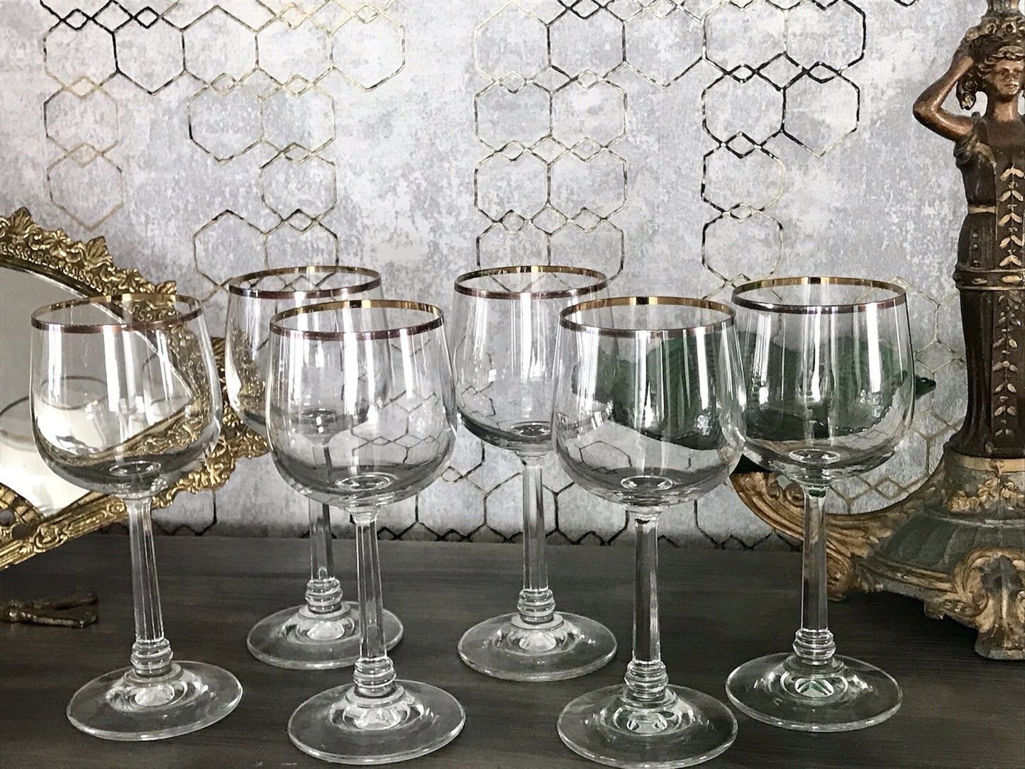 Art Déco Stil 6 Gläser Weingläser Rotweingläser Glas Goldrand Lausitzer