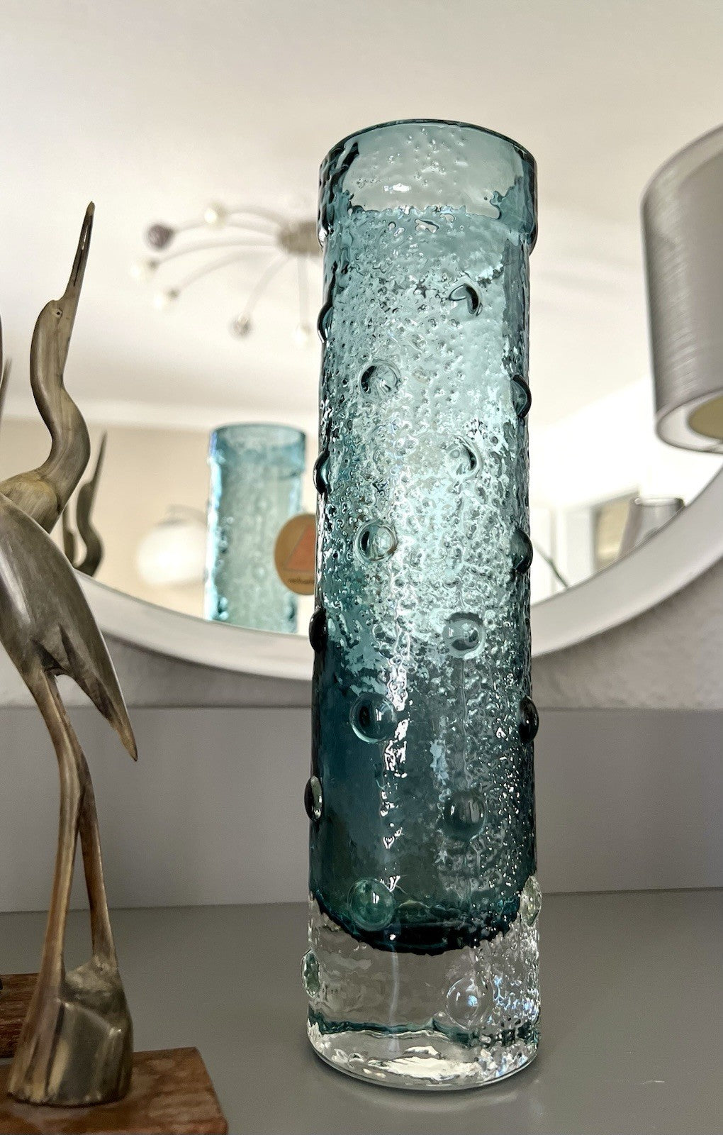 Vintage 60er Riihimäki Lasi Designer Glasvase Vase Glas graublau Finnland Rauch