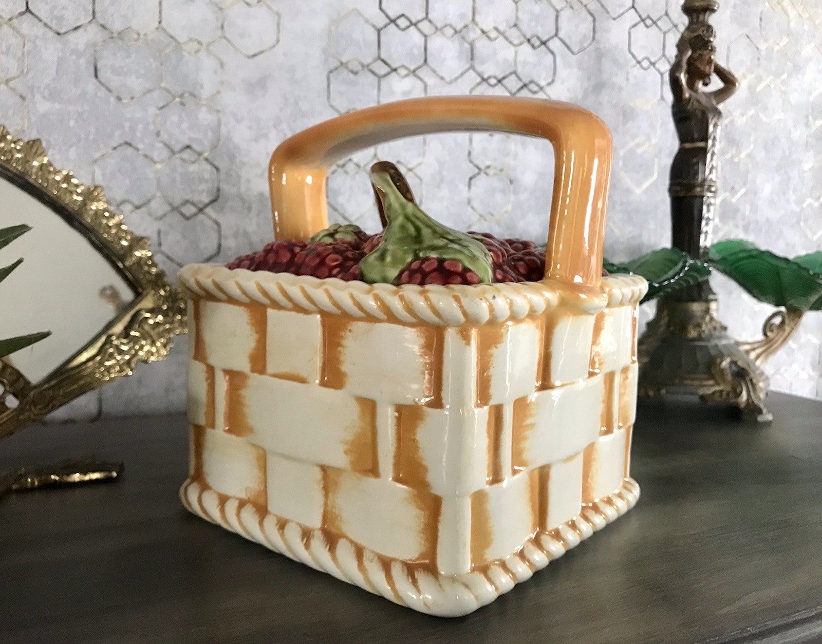 Antik Sarreguemines France Majolika Keramik  Korb Zierschale Schale Obstkorb
