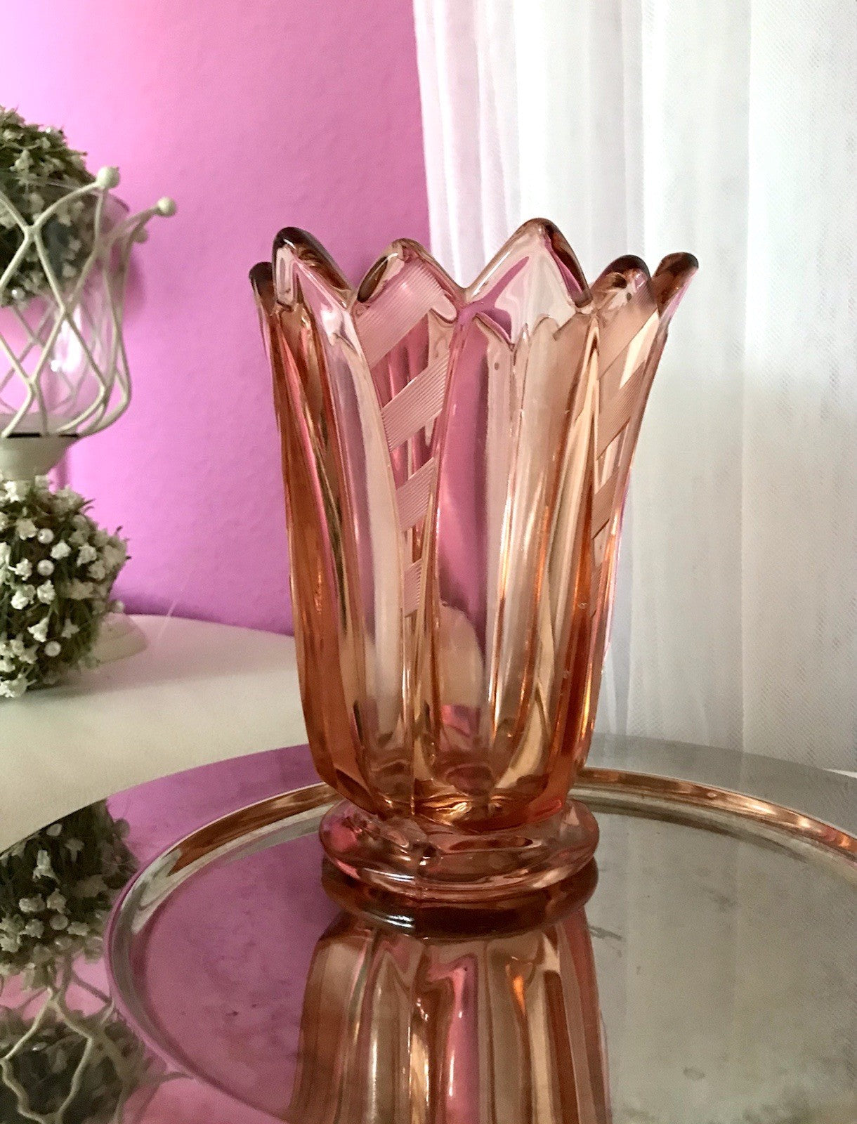 Antik Art Déco Vase Glasvase Pressglas Glas Rosalin rosa Blumenvase Schwepnitz