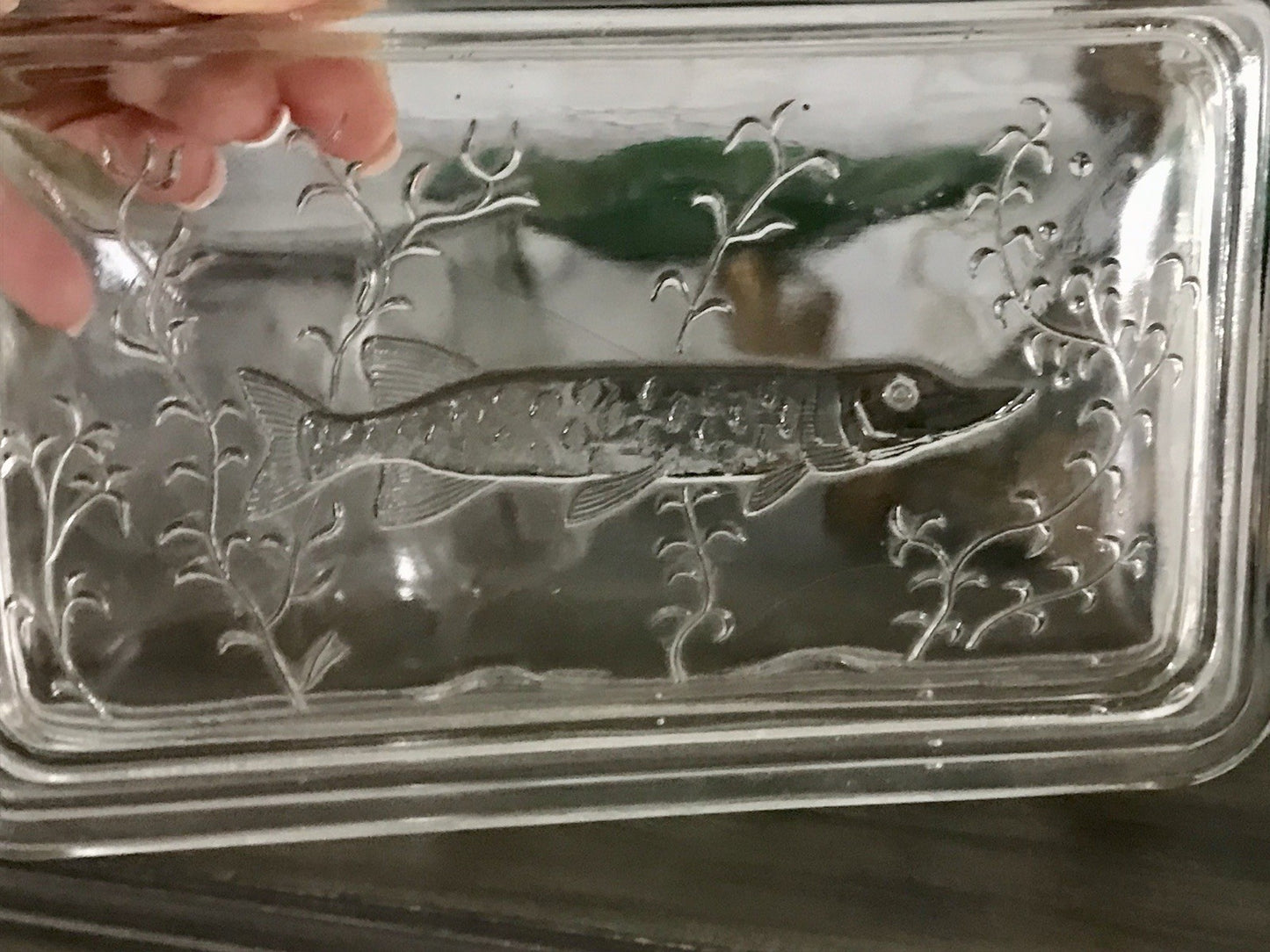 Antik Art Déco Deckeldose Dose Glasdose Pressglas Haribo Lakritze Fischmuster