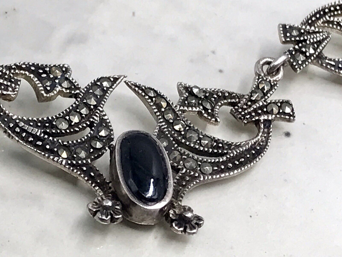 Antik Edel Jugendstil Art Déco 925 Silber Collier Halskette mit Onyx & Markasite