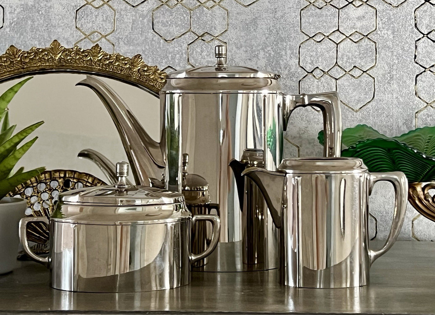 Antik Jugendstil Kaffee Kernstück Zuckerdose Rahmgießer Kanne vernickelt?