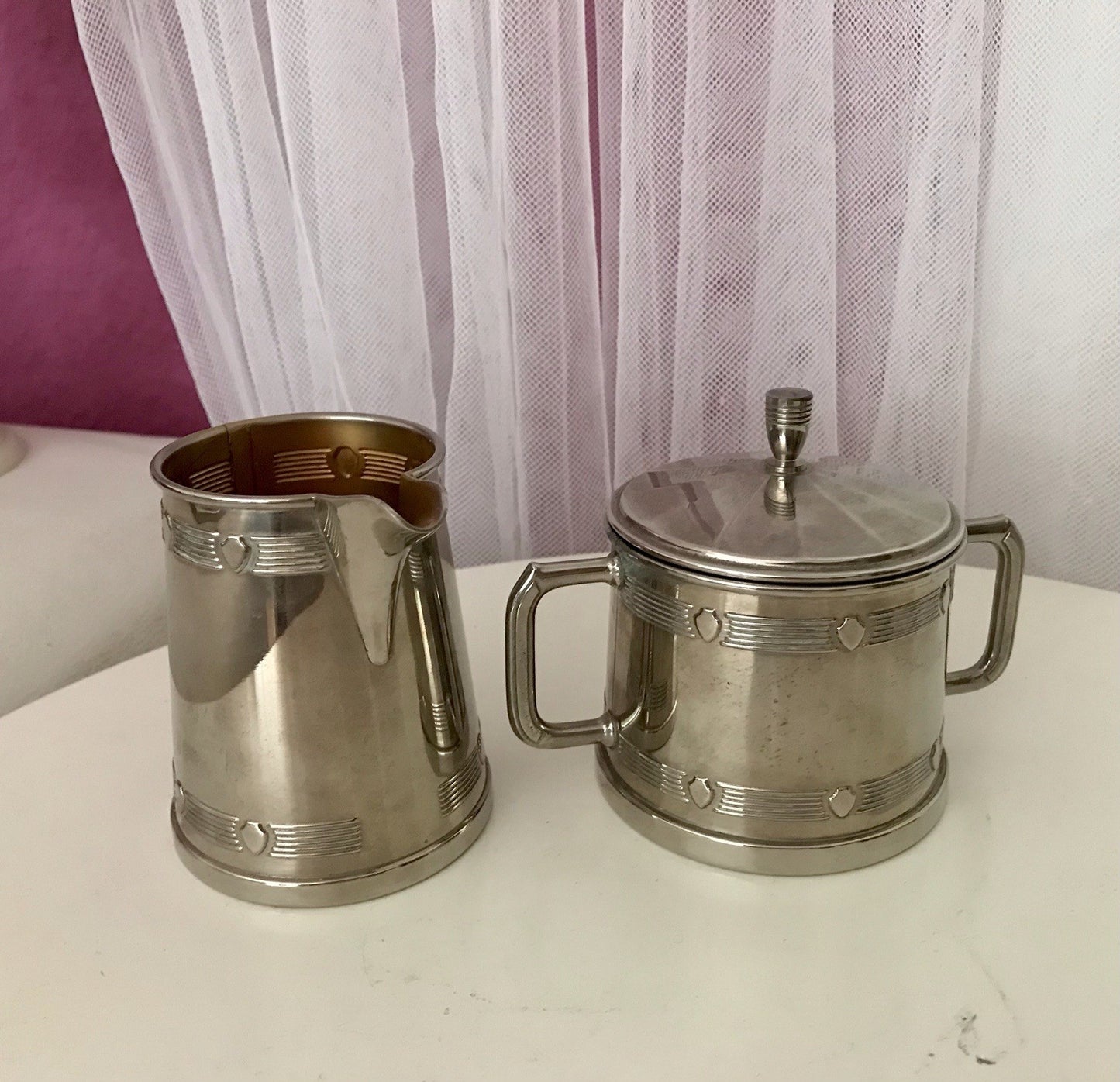Antik Jugendstil Art Déco Kaffee Kernstück Zuckerdose Rahmgießer verchromt? 2tlg